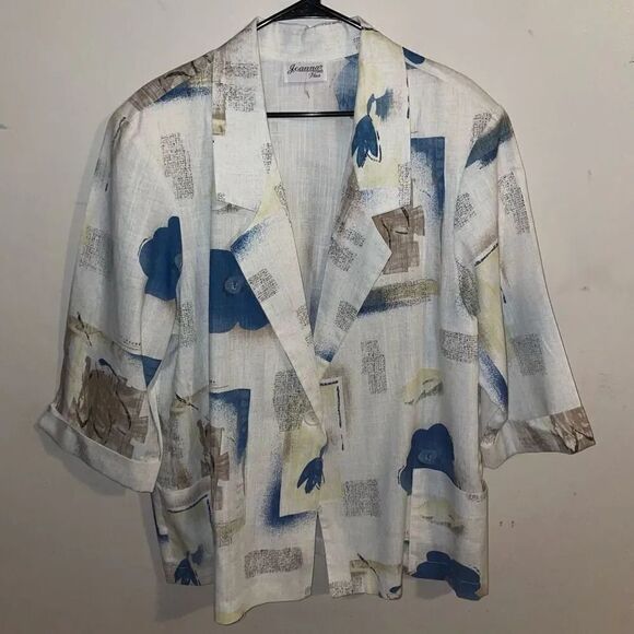Jeanne Blue Beige Floral Linen Blend Short Sleeve Blazer Jacket - Picture 2 of 8